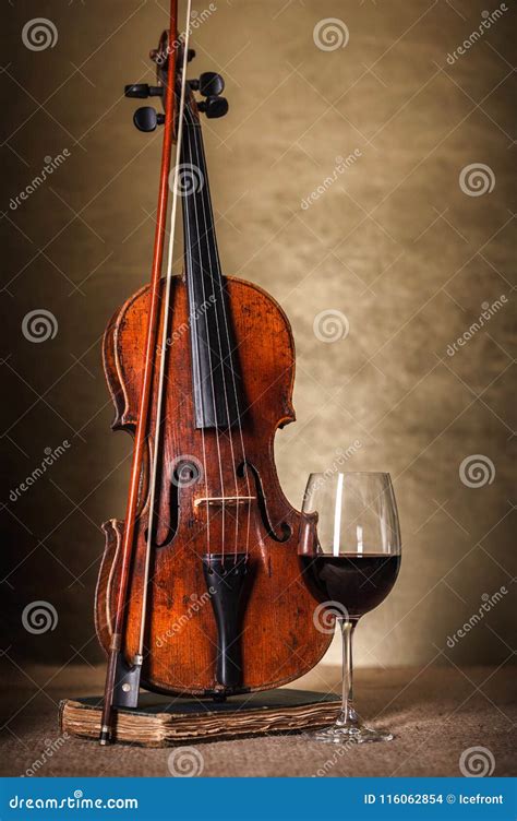 Classical Old Violin With Red Wine Glass Stock Photo Image Of Drink