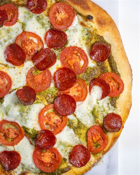 Hot Pistachio Pesto Pizza With Pepperoni Recipe Pistachio Pesto Pesto Pizza Pesto