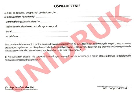 Oświadczenie o upoważnieniu do informacji o stanie zdrowia druk