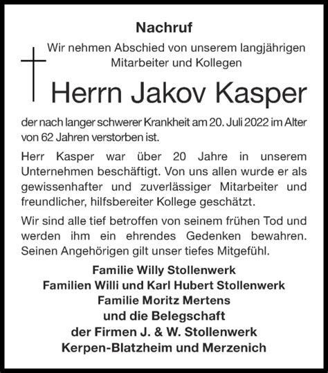 Traueranzeigen Von Jakov Kasper Aachen Gedenkt