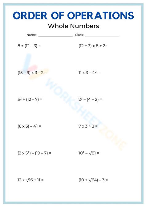 Order Of Operations With Whole Numbers Maths Worksheet Worksheet