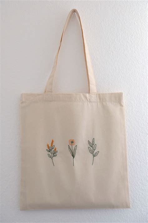 Embroidered Tote Bag Wildflowers Floral Organic Cotton Etsy