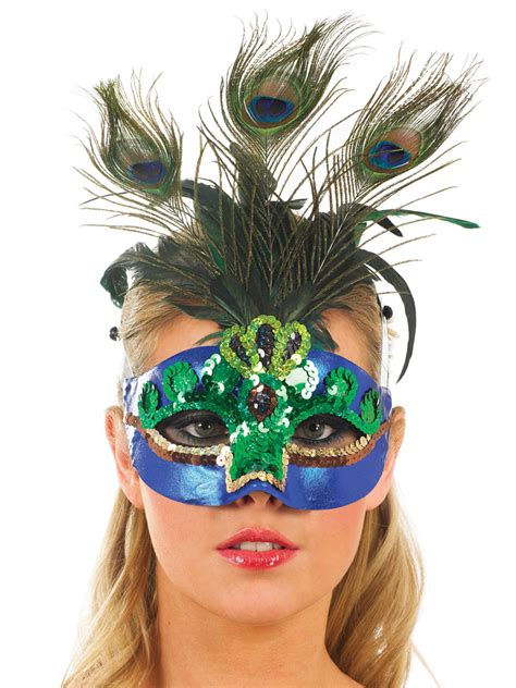 Masque De Plume De Paon Vert Et Bleu Loups Accessoire Deguisement