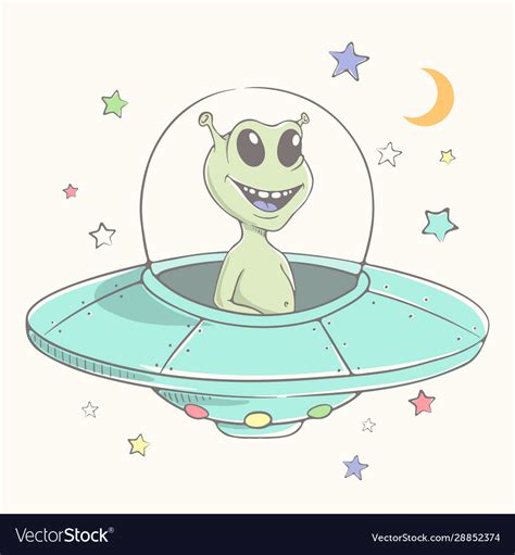 Cute Alien Flies In Flying Saucer Royalty Free Vector Image