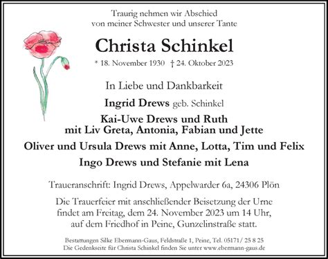 Traueranzeigen Von Christa Schinkel Trauer Anzeigen De