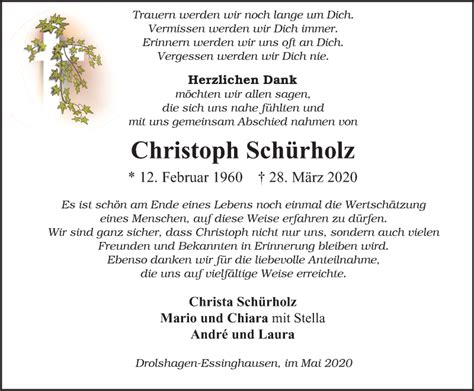 Traueranzeigen von Christoph Schürholz Trauer in NRW de