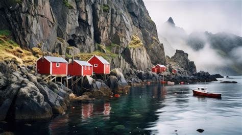 Premium Photo Traditional Red Rorbu Fisherman39s Huts On The Rocky