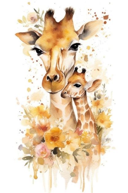 Premium AI Image | Watercolor painting of a mother and baby giraffe