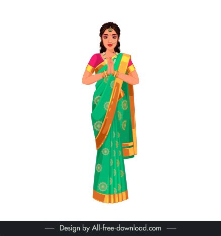 Indian Woman Icon Classical Saree Traditional Dress Sketch Cartoon