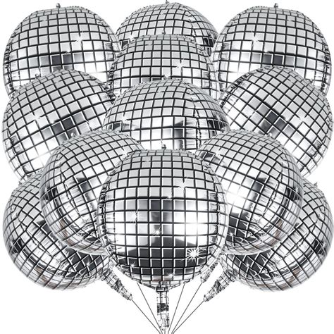 12 Pcs Disco Ball Balloons 22 Inch 4D Large Silver Balloon Birthday