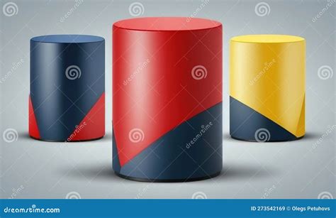 Three Different Colored Cylindrical Objects on a Gray Background with a ...