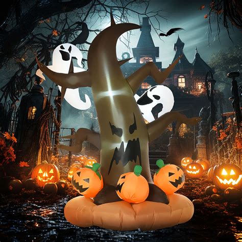 Homcom 8 Halloween Yard Inflatable Lighted Outdoor Led Dead Tree And Ghost Pumpkins Blow