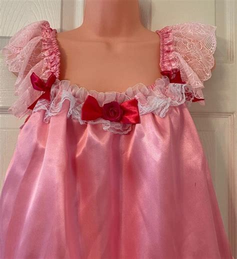 Sissy Pink Shiny Satin And Soft Pink Lace Baby Doll Nighty Etsy