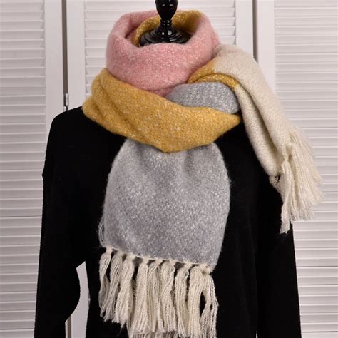 Толстый зимний шарф для женщин, теплые клетчатые однотонные шали с ...