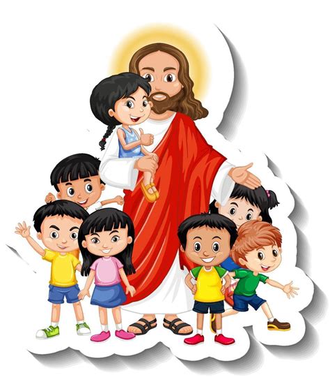 Jezus Christus Met Kinderen Groep Sticker Op Witte Achtergrond