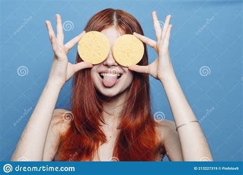 Cheerful Red Haired Woman Naked Shoulders Sponge In Hands Close Up Stock Image Image Of Facial