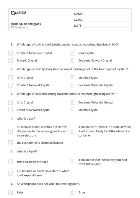 Solids Liquids And Gases Worksheets On Quizizz Free Printable