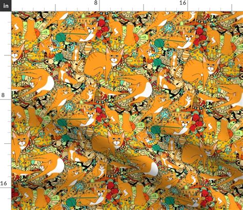 Orange Angry Pussy Cat On Bright Retro Fabric Spoonflower