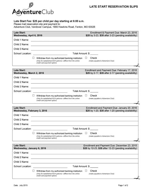 Fillable Online Prcommunityed LATE START RESERVATION SLIPS Fax Email