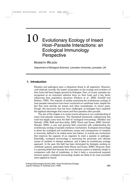 Pdf 0 Evolutionary Ecology Of Insect Hostparasite Interactions An Ecological Immunology