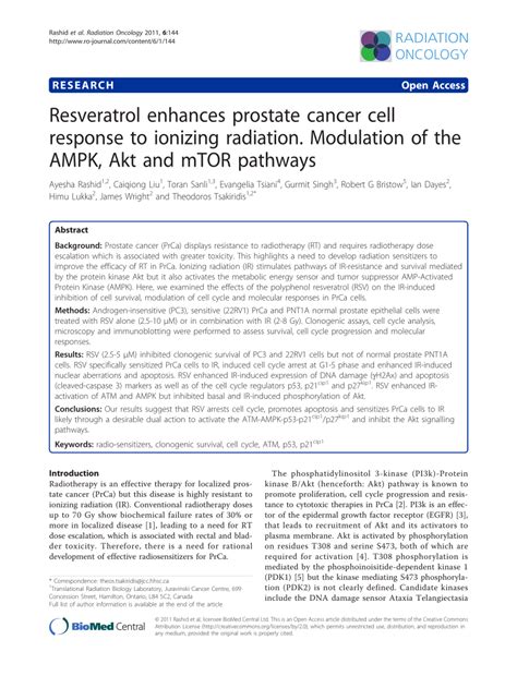 Pdf Resveratrol Enhances Prostate Cancer Cell Response To Ionizing Radiation Modulation Of