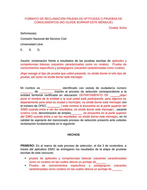 Formato reclamación pruebas de conocimientos o aptitudes Ciencias