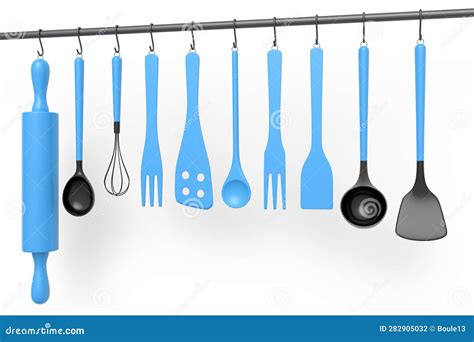 Set Of Kitchen Utensil For Preparation Of Dough Hanging On Shelf On