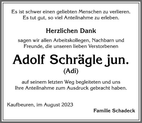 Traueranzeigen von Adolf Schrägle Allgäuer Zeitung