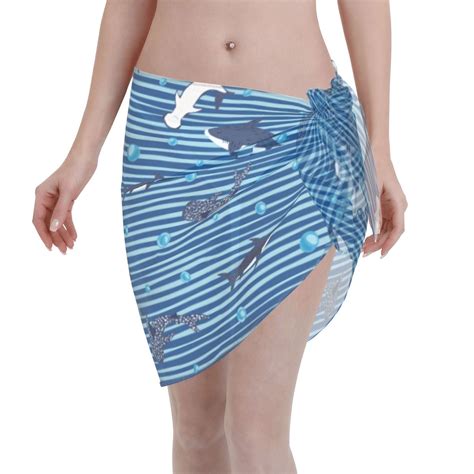 Coaee Sharks On White Blue Striped Women S Short Sarongs Beach Wrap