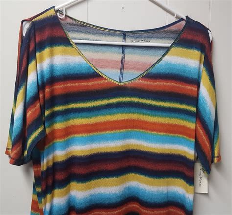 Studio Works Womens Size Medium Shirt Short Slit Sleeves Multi Color V