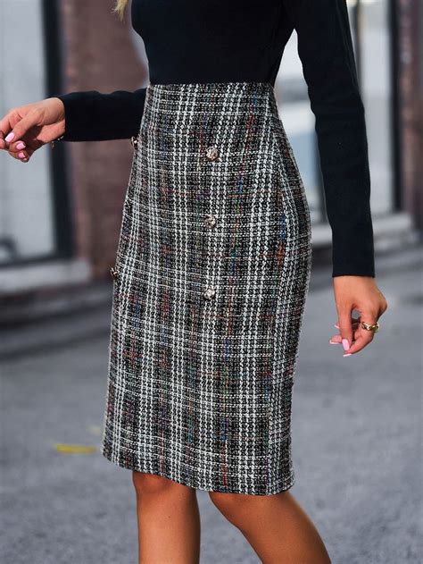 Plaid Split Back Tweed Straight Skirt Straight Skirt Womens Skirt