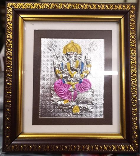 999 Silver Ganesh Ji Gods Photo Brown Frames Momento With Natural