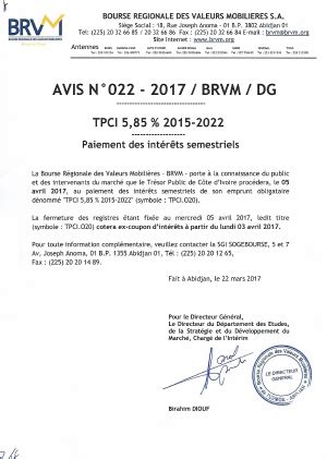 Avis N022 2017 BRVM DG Paiement des intérêts semestriels TPCI 5 85