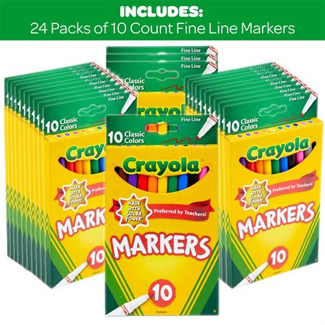 Crayola Classic 10ct Fine Line Marker Set Classic Colors 24 Pack Case Bulk School Supplies