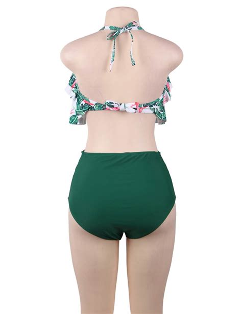 High Waist Green Floral Print Sexy Ruffled Summer Bikini Set Ohyeah