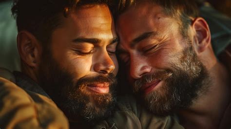 Happy Gay Black Male Couple Cuddling On Couch Indoors Candid African American Boyfriends Being