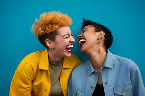 Premium AI Image Complicit Laughter Two Stylish Latina Friends With Short Hair And Vibrant Outfits