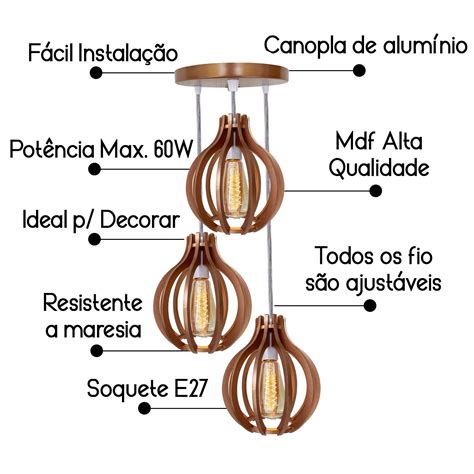 Kit 3 Lustre Pendente Luminária De Madeira Cobre Verniz Acetinado