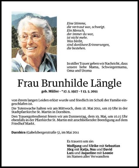 Todesanzeigen Von Brunhilde L Ngle Todesanzeigen Vorarlberger Nachrichten