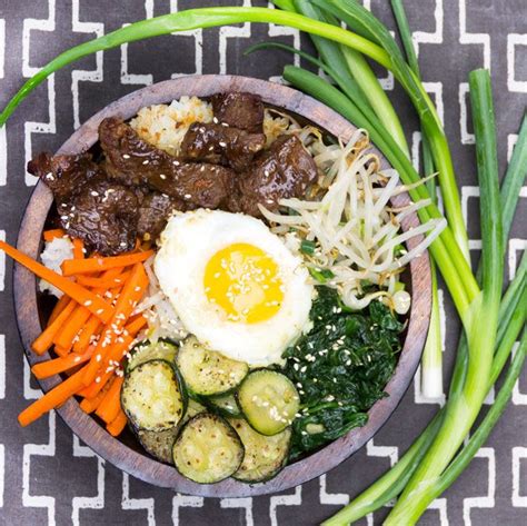 Bibimbap Korean Rice Bowl Of Bulgogi Beef Vegetables And Spicy Sauce