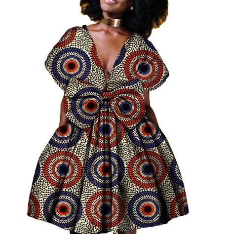 African Kitenge Wax Print Ankara Retro Inspired Wrap Short Sleeve Dres