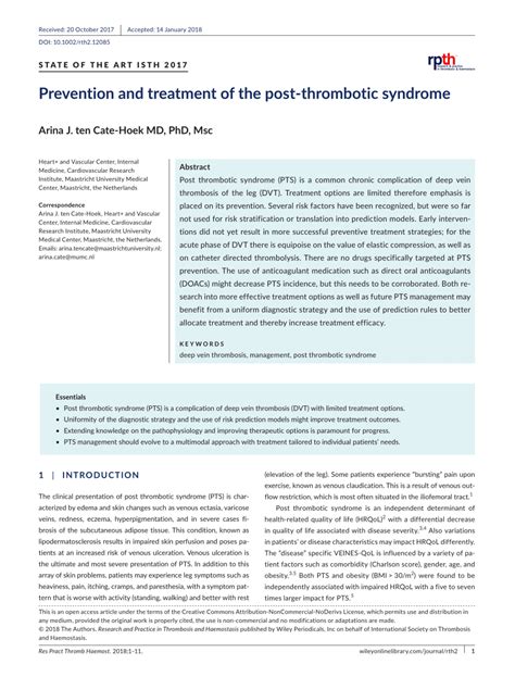 Pdf Prevention And Treatment Of The Post Thrombotic Syndrome