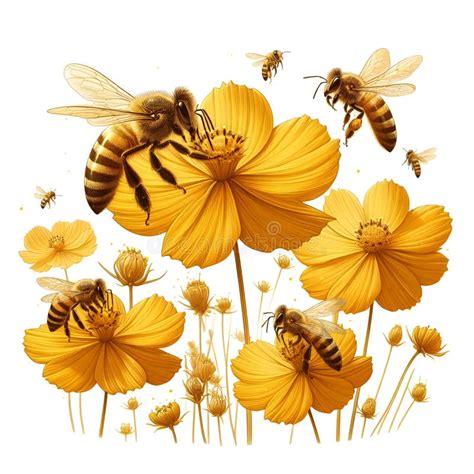 Buzzing Bliss Bees Amidst Yellow Cosmos Generative AI Stock