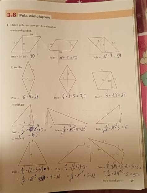 oblicz pola narysowanych wielokątów klasa 7 zad 1 str 59 Brainly pl