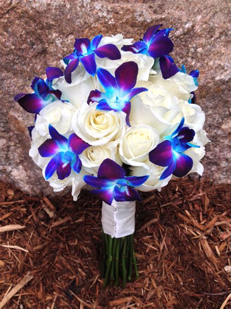 Blue and White Bouquet with Purple Orchids