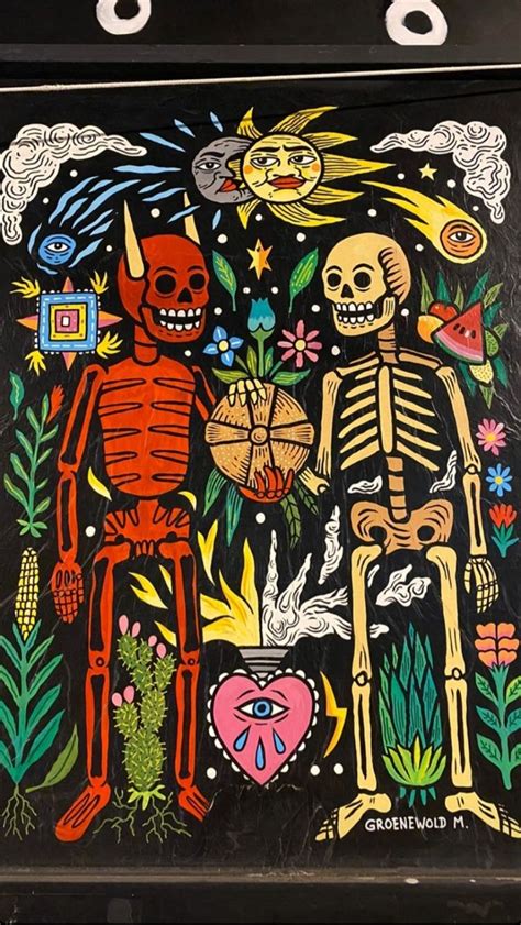 A Painting Of Two Skeletons Holding Hands With Flowers And Plants In