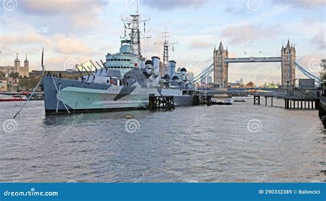 Hms Belfast Royal Navy Light Cruiser On The River Thames In Central