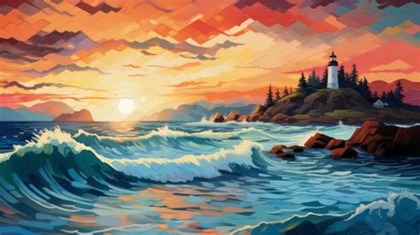 Premium Photo Colorful Pixelart Illustration Of Sunset Island With Waves