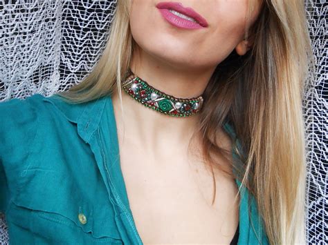 Green Choker Necklace Unique Chokers Boho Hippie Choker Etsy Hippy