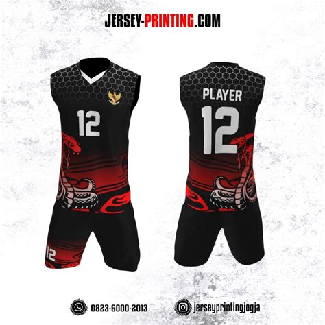 Jersey Baju Volly Tanpa Lengan Hitam Merah Motif Honeycomb Putih